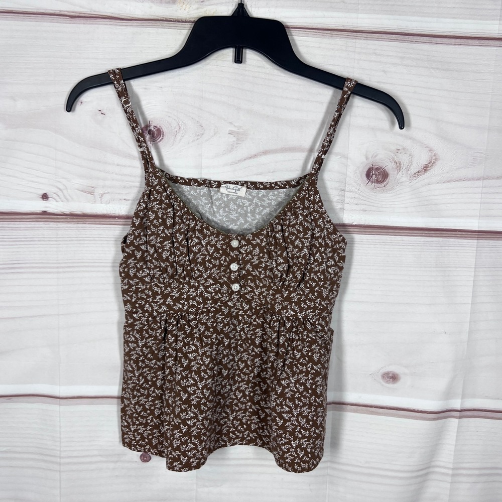 John Galt Cami Top Womens OS Brown Floral Button Front Babydoll Spaghetti Straps